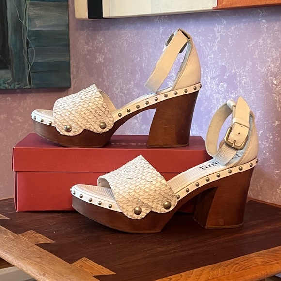 Felmini Python Leather Platform Clogs with Wooden Heel and ankle straps - Picture 1 of 8